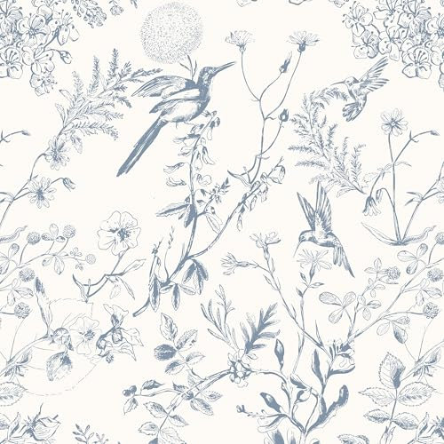 Timeet Papier peint autocollant, bleu, motif oiseaux, plante, 44 x 300 cm, autocollant, vintage, imperméable, en vinyle, pour salon, chambre à coucher, mur, cuisine, meubles