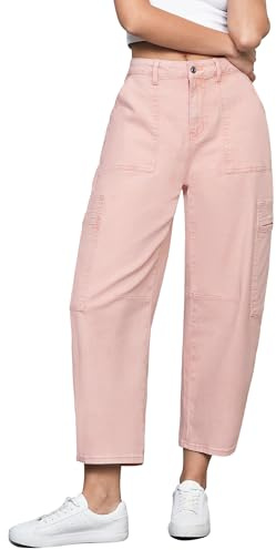 GRAPENT Women's Trendy Summer Casual Cropped Barrel Leg Stretchy Jeans - Candy Pink, Size 12 to 14