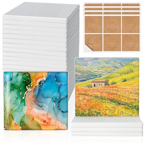 Sublimation Coasters, GOH DODD 24 Pack Ceramic Tiles for Crafts Glossy Glazed White Blanks with 24 Cork Backings for Alcohol Ink, Painting, Heat Transfer, Housewarming Gifts Wedding, Square, 4 Inch
