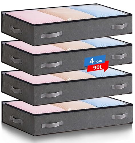 Boic 4 Piezas Bolsas Almacenaje Ropa Debajo De La Cama, 90L Plegable Almacenaje Bajo Cama Con Asa Reforzada Caja De Almacenamiento Gran Capacidad Organizador Armario Para Edredón, Manta Zapatero