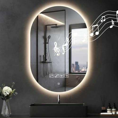 Litglobe Bluetooth Miroir Salle de Bain avec Eclairage 50x75cm,Miroir Lumineux Salle de Bain Mural,Miroirs LED Sall𝐞 d𝐞 Ba𝐢n avec Anti-Buée,Interrupteur Tactile,3 Couleurs Lumière,Dimmable,Mémoire