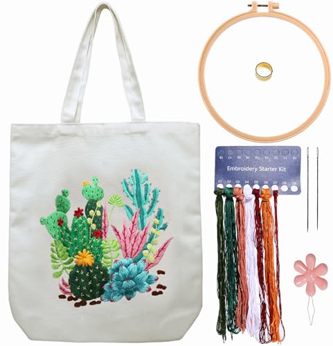CREAWONDER Kit de broderie de sac fourre-tout en toile avec motif pour débutants, kits d'artisanat et de broderie DIY pour adultes, instructions, cercles à broder, fils colorés (beige, CR002