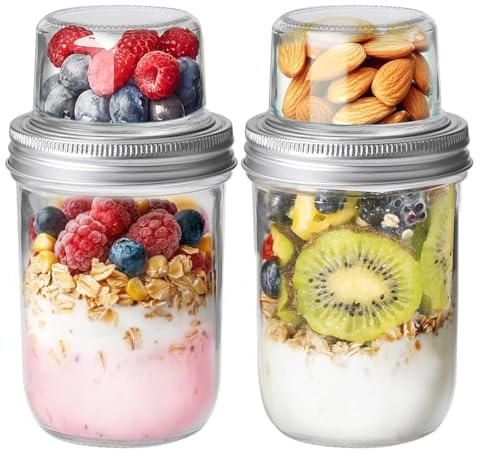 ComSaf Overnight Oats Jar 480+120ml 2 Pack Glass Yogurt Pots for Breakfast | Overnight Oats Container, Dual-Layer Dry-Wet Separation for Granola, Fruit, Cereal, Salad, Meal Prep, Breakfast Storage to Go