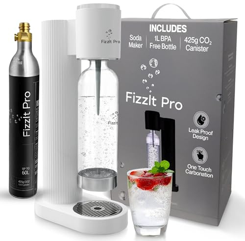 FizzIt Pro - Soda Maker Machine, White - Easy One-Touch Sparkling Water Maker with Reusable 1L BPA-Free Bottle, 425g CO₂ Canister - No Power Required, Durable & Modern Design for Home Use