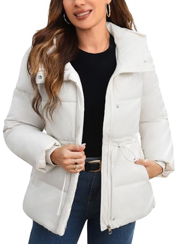 Maeau - Abrigo corto con capucha para mujer con cremallera y botón a presión ajustable cintura con cordón chaleco invierno M-3XL, blanco, L