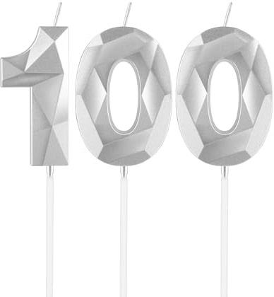 mciskin Silver 100th Birthday Candles, 100th Birthday Decorations for Women Men,3D Number 100 Candles for Cake,Silver Candle Cake Topper for Women Men Party Decorations Weddings Anniversary Supplies