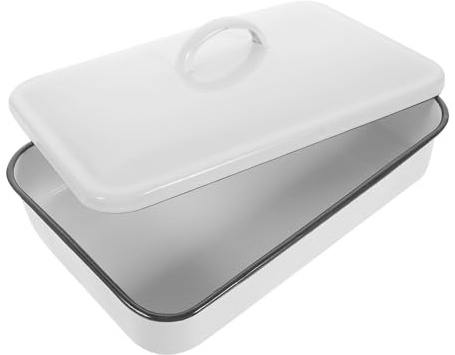 MUELODSIC Bandeja De Esmalte Rectangular 24x16 Cm Blanca, Resistente Al Calor, Multifuncional para Hornear, Asar y Servir Alimentos, Apta para Cocina y Restaurante, Tapa Ajustada