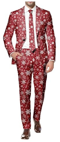 Juldräkter för män UK 2-delat herrkostymer set med ren snöflinga tryckt smoking blazer och byxor tandad en knapp jul fin klänning nyhet festlig kostym outfit, Grön-d, M