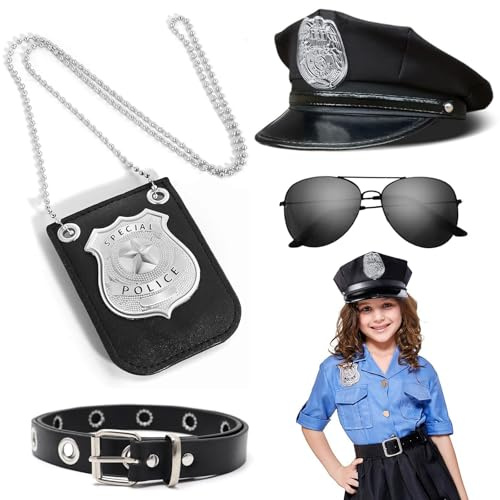 LIULINY 4 Piezas Accesorios Disfraz Policia, Disfraz Policia Niño Accesorios con Sombreros, Insignias, Gafas, Cinturones, Adecuados para Carnavales, Fiestas de Disfraces, Juego de Roles