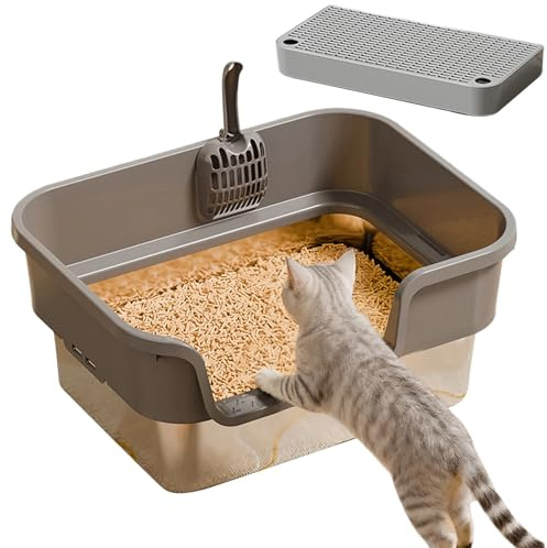 Bac à litière pour chat - Plateau de toilette facile à nettoyer - Poêle pour chat en métal avec pédale et pelle - Bac à litière en acier inoxydable pour petits animaux, coin intérieur, appartement