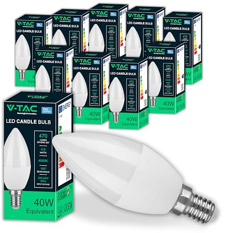 V-TAC 10x Lampadine LED Candela E14-4,5W - Lampadine di Nuova Generazione - 10 PEZZI - (Equivalenti a 40W) - 470 Lumen - Massima Efficienza e Risparmio Energetico - Luce Naturale 4000K