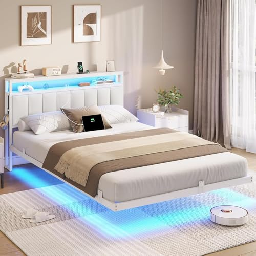 AOGLLATI Cama 140 x 200 cm con Iluminación LED y Estación de Carga, Camas Matrimoniales con Cabecero Tapizado en PU, Cama Matrimonio con Espacio de Almacenamiento, Diseño Visual Flotante, Blanco