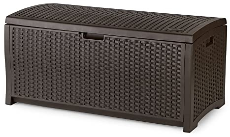 Suncast Outdoor Storage Box - 73 Gallon Mocha Brown Deck Box for Patio, Waterproof Outdoor Storage Bench, Resin Wicker Style, Heavy-Duty, Lockable Lid for Cushions, Shoes, Pool & Garden Gear