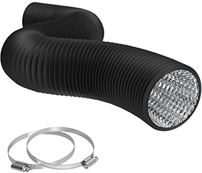 TerraBloom Flexible 6 Inch Ducting - Black 8 Feet Flex Aluminum Duct with 2 Clamps – 4 Layer HVAC Ventilation Air Hose - Great for Grow Tents, Dryer Rooms, House Vent Register Lines