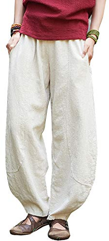 IXIMO Women's Linen Pants Loose Patchwork Fit Trousers with Elastic Waist KZ61 Beige XL