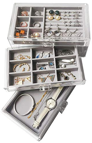 HerFav Schmuckkästchen mit 3 Schubladen, Schmuckbox aus Samt für Damen