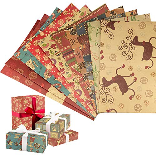FAVENGO 10 Blätter Geschenkpapier Weihnachten Kraftpapier Braun Recycling Papier 70 x 50 cm Weihnachtspapier mit Weihnachtselemente Muster Geburtstagspapier Geschenkverpackung Set für Geschenk Deko