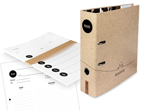 Leckerschmecker - 4-teiliges Set Rezeptordner Ordner Rezeptvorlagen Register Kochlöffel Holz minimalistisches Design beige schwarz weiß