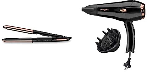 BaByliss ST482E Planchas Salon Brilliance 2 en 1 Alisa y Ondula Planchas de pelo con revestimiento de Titanio + D373E Secador de pelo retráctil, iónico, Motor DC 2000W de potencia