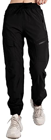 Singbring Women's Athletic Hiking Cargo Joggers Pants Outdoor Workout Lightweight Quick Dry UPF 50 Zipper Pockets (Black88-S)