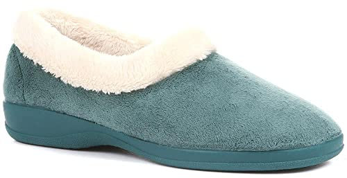 Pavers Women's Fluffy Slippers in Teal - Faux Fur Slip-Ons Offering Warmth and Comfort - Distinctive Fur Collar Design - Size UK 8 / EU 41