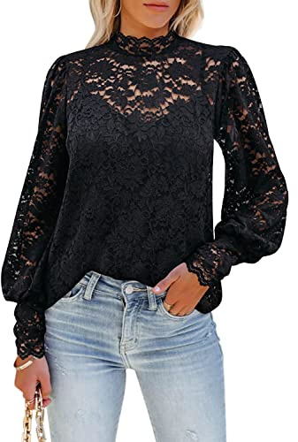 DOROSE Womens Long Sleeve Lace Tops Casual Elegant Floral Sheer Blouses Fall Shirts Black M