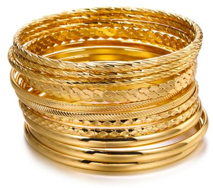 RINTOLER 12Pcs Gold Bangles for Women - Multi Layer Stackable Textured Gold Bracelets Boho Jewelrys Set.