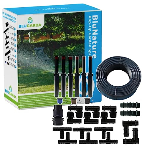 BluGarda - BluNature Arroseurs de Pelouse - Pop Up - Système Arrosage Irriguer pour Gazon Jardin - Kit de Système Irrigation avec Têtes de Pulvérisation, Convient pour les Surfaces jusqu'à 70m2