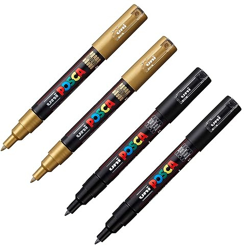Uni-Ball 205081 - POSCA Marker Set, gold und schwarz, 4 Stück, Acrylstifte PC-1MC, 0,7 mm
