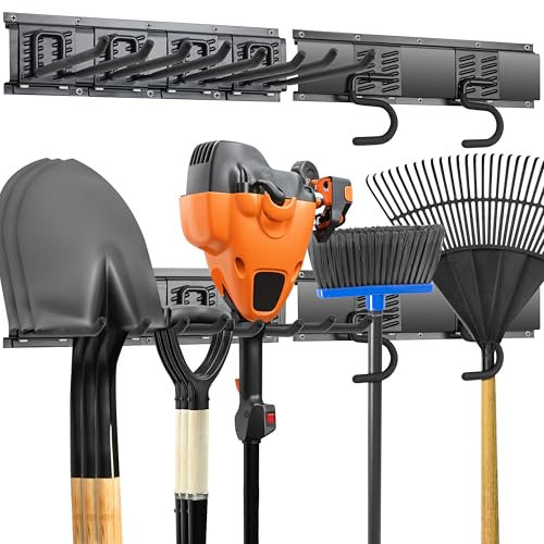 Winter Shore Garagen-Gerätehalter Wand mit 6 Haken - Werkzeug-, Schaufel-, Geräte- & Besenhalterung Wand - 2 Schienen, 4 Doppelhaken & 2 S-Haken, Installationszubehör - 80 x 10 cm, 130 kg Tragkraft