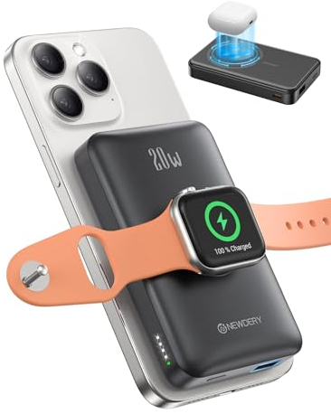 NEWDERY für Magsafe Powerbank für iPhone für Apple Watch, 10000mAh Wireless Power Bank Magnetische mit Kabel, Schnelles Laden Externes Akku tragbarer für iPhone 16/15/14/13/12, für iWatch Ultra/9-1