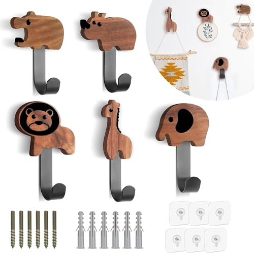 Fosoloni 5 Stück Holzkleiderhaken für Kinder, Kleiderhaken Kinder Holz, Kleiderhaken kindergarderobe, Tierformen Holz Wandhaken, Kleiderhaken für Mantel, Mütze, Tasche
