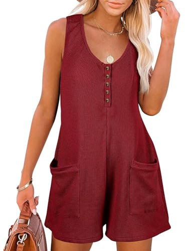 MINTLIMIT Womens Rompers Sleeveless Button Down V Neck Waffle Tank Top Casual Summer Short Jumpsuits with Pockets