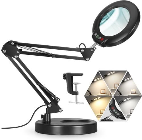 Veemagni 10X Lente di Ingrandimento con Luce, 5 Modalità di Colore Dimmerabili 2 in 1 Lampada da Scrivania e Morsetto, Lampada Lente Ingrandimento a Mani libere per Lavori Ravvicinati Lettura Pittura