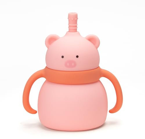 MOJINL Silikon Baby Becher Ab 6 Monate - Auslaufsicher Trinkbecher Mit Strohhalm, Deckel Und Griff - BPA Frei Spülmaschinenfester Silikonbecher (Hellrosa)