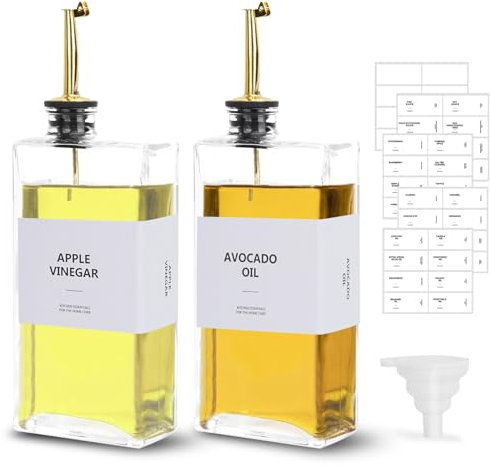 sunal Essig und Ölflaschen Set,Golden 2er pack Olivenöl Spender Set,500ml/16,9 oz Glas Ölspender,Olivenöl Flaschen,Beschwertem Ausgießer und 40 Wasserfestem Etikett&Silikon Trichter