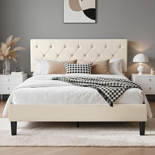 VECELO Lit Double Rembourré 140x190 cm, Support à Lattes en Bois Solide, Tissu Velours, Facile à Assembler, Gris