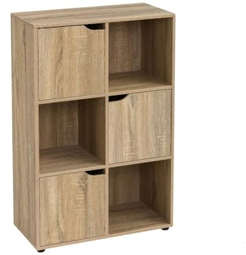 Relax World Librería de salón de madera de aglomerado laminado de 12 mm, con 6 compartimentos y 3 puertas, porta libros con puertas, oficina, estudio, salón, 90 x 29 x 60 cm