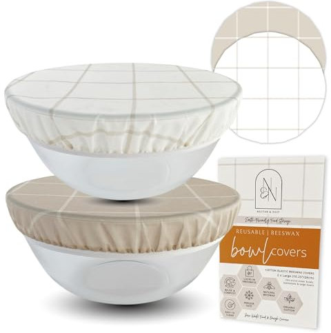 Nectar & Nest Reusable Beeswax Bowl Covers (2 Lg) - Eco-Friendly, Elastic, Breathable, Non-Toxic, White & Wheat, Natural Minimalist, Bread Proofing Covers