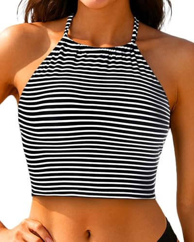 Women Swim Top - High Neck Bikini Top Only Halter Swimsuit Bathing Suit 2026 Black White Stripe M