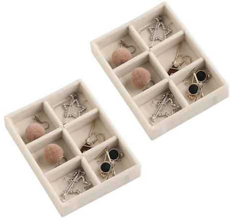 Frebeauty Petit plateau à bijoux empilable en velours, mini organisateur de tiroir à bijoux, insert de tiroir, 12 x 9 x 2 cm, organisateur de boucles d'oreilles à 6 grilles pour femmes et filles