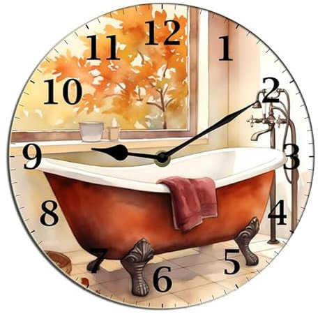 Horienteeon Horloge murale pour baignoire, jacuzzi, horloge de salle de bain, horloge décorative en bois, horloge de salle de bain à piles, horloge silencieuse sans tic-tac, horloge décorative ronde