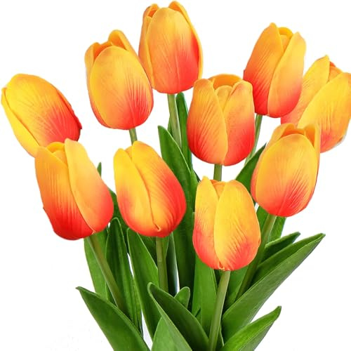 dellyy 10 Tulipanes Artificiales, Tulipanes Artificiales Realistas como los Reales, Flores Artificiales para Decoración de Sala de Estar y Dormitorio, Ramos de Flores Artificiales (Atardecer)