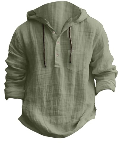 Dmmtot Camisas de lino de manga larga con capucha para hombre, diseño de cordón y bolsillos, sin botones, ligeras, transpirables, suaves, elegantes, de color liso, ropa de playa, ropa masculina,