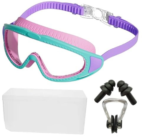 Schwimmbrille Kinder, 5-teiliges Set mit Taucherbrille, Nasenklammer und Ohrstöpsel, Antibeschlag und Auslaufsicher für Schwimmbad und Strand, 3-15 Jahre