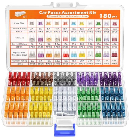 Juego de 180 fusibles mixtos para coche, con maletín de almacenamiento y extractor de fusibles, juego de fusibles planos para coches, caravanas, camiones, motocicletas