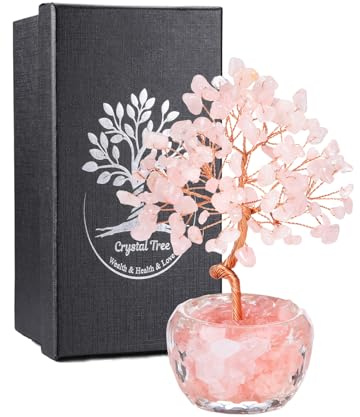 JSDDE Bonsai Arbre de Vie Ornement en Pierres Naturelles avec Vase Facettes Arbre du Bonheur en 7 Chakras Pierres et Cristaux Tronc Courbé pour Décoration Intérieure Maison Boutique (Quartz Rose)