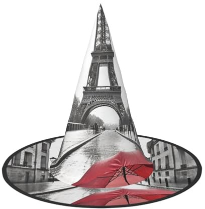 1 chapeau de sorcière d'Halloween Tour Eiffel Paris Street parapluie rouge chapeau de sorcière chapeau de sorcière chapeau flottant pour homme et femme Accessoires de costume d'intérieur ou