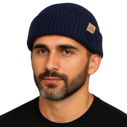 PolarWool L/XL/XXL merino ull våffelstickad troyer mössa klocka mössa dubbla lager 2 stilar varm vinter stickad mössa män kvinnor, Marinblå, XL-XXL