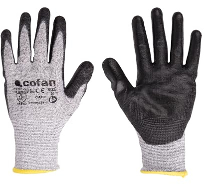 Cofan Guantes anticorte ultraligeros | Nivel D | HPPE + Recubrimiento PU negro | EN 388 4X43D | Pack de 12 pares de guantes o formato unitario | Talla 7 | Protección mecánica (1, 7)